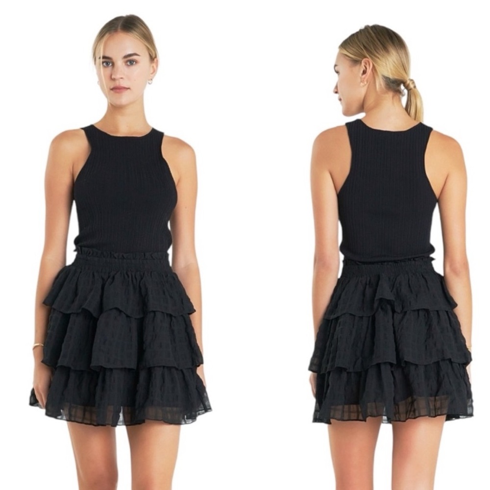English Factory Black Gingham Chiffon Tiered Mini Skirt - New W/ Tags